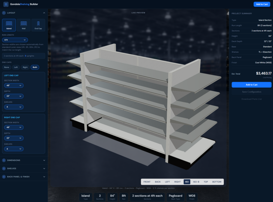 GondolaShelving Builder live preview interface, interactive tool available at the link above